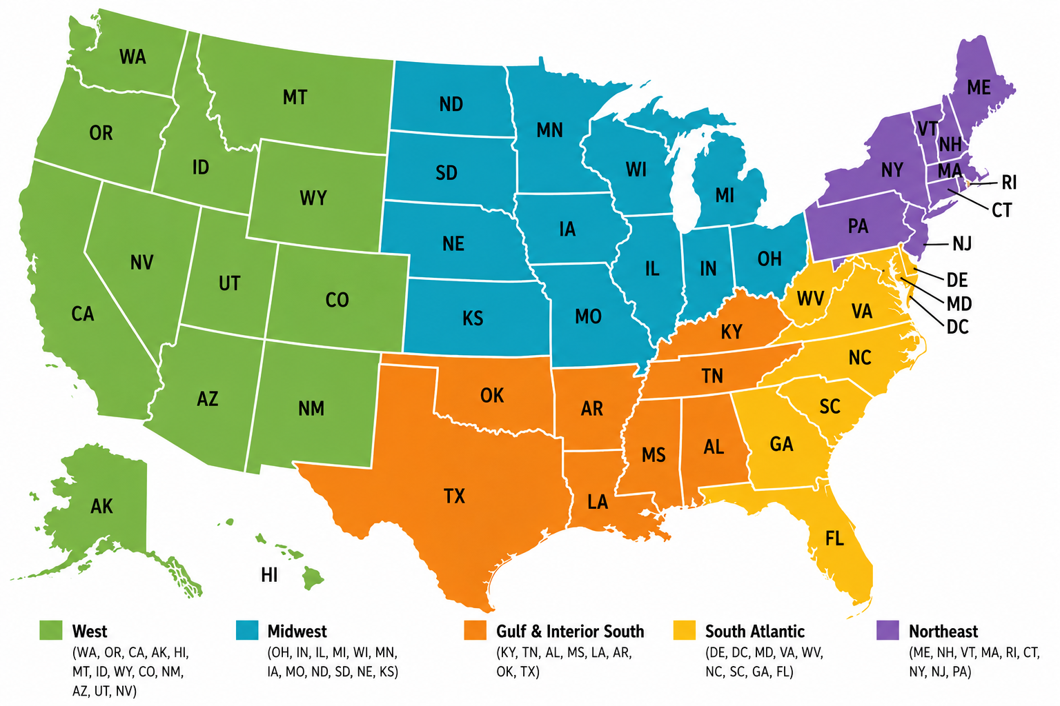 Map of the five Hemp Wire coverage regions: West, Midwest, Gulf & Interior South, South Atlantic, and Northeast